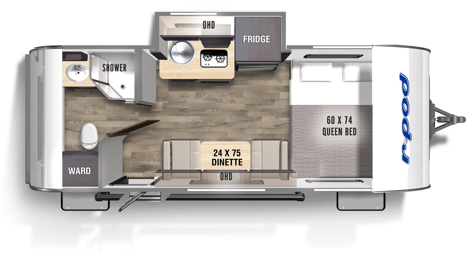 The RP-180C has one slide out and one entry. Interior layout front to back: side facing queen bed; off-door side slideout with refrigerator, kitchen counter with sink and cooktop, and overhead cabinet; door side dinette with overhead cabinet, and entry; rear full bathroom with wardrobe.
